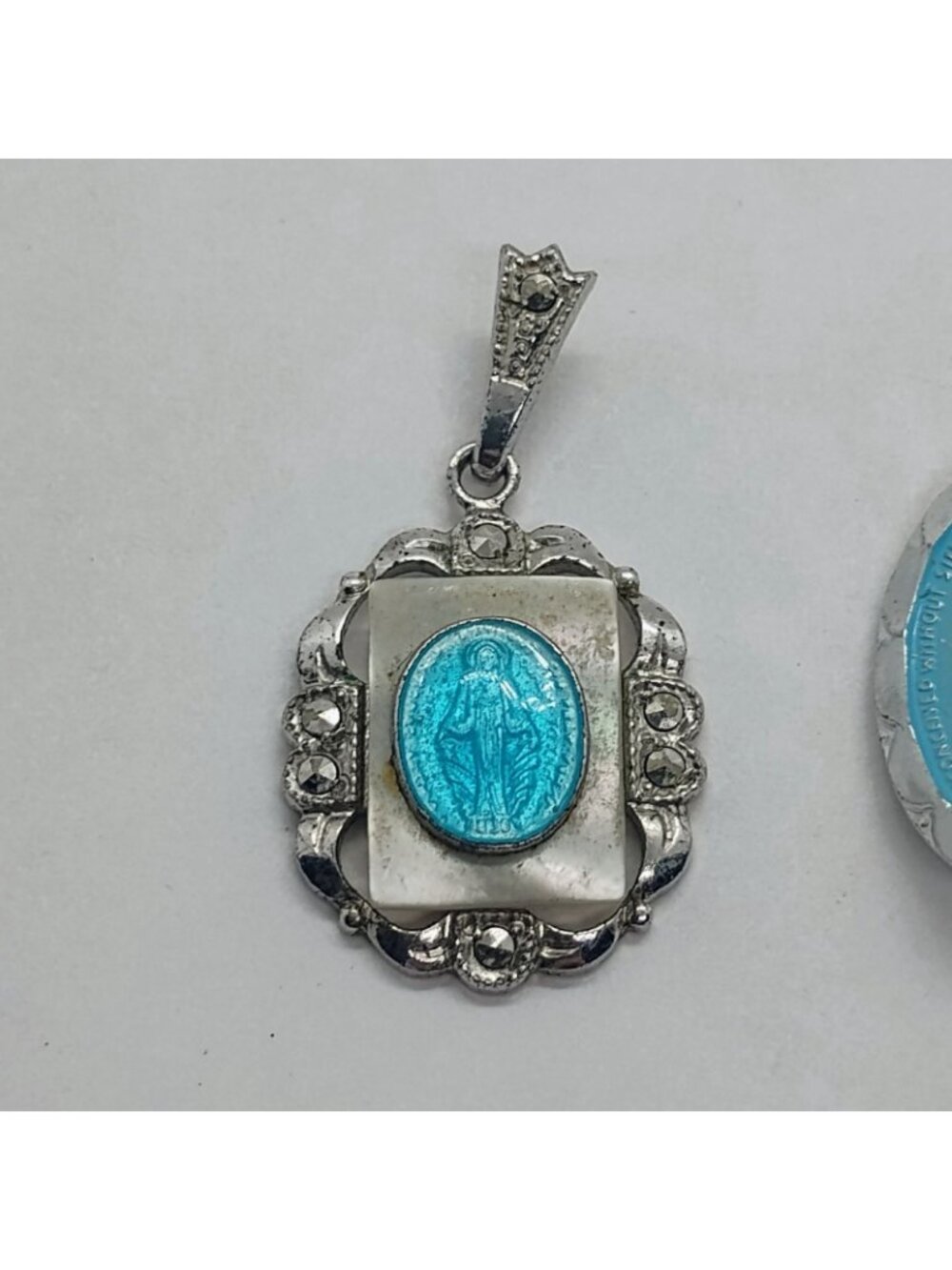 Vtg Theda Sterling Silver Miraculous Virgin Blue Enamel Marcasite Pendant +Extra - Picture 3 of 7